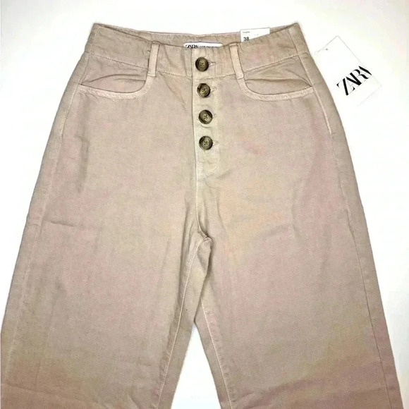 Zara Womens High Waist Exposed Button Culotte Jeans Pastel Pink Size 6 - Picture 3 of 11